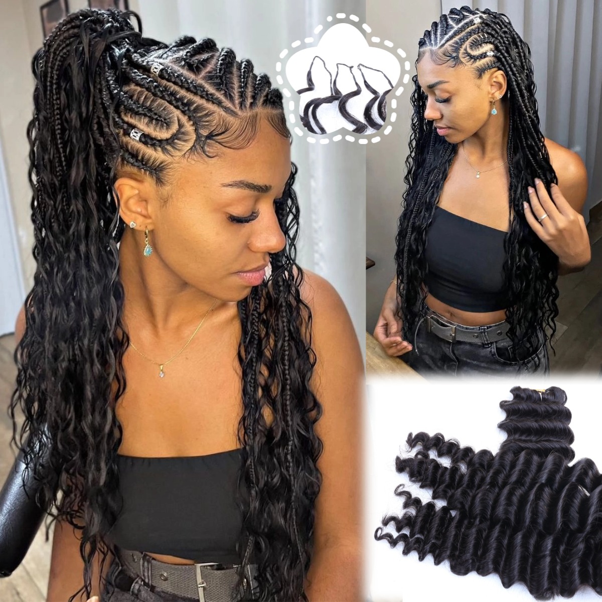 Crochet Braiding Hair - Mèches de cheveux naturels noirs, ondulés